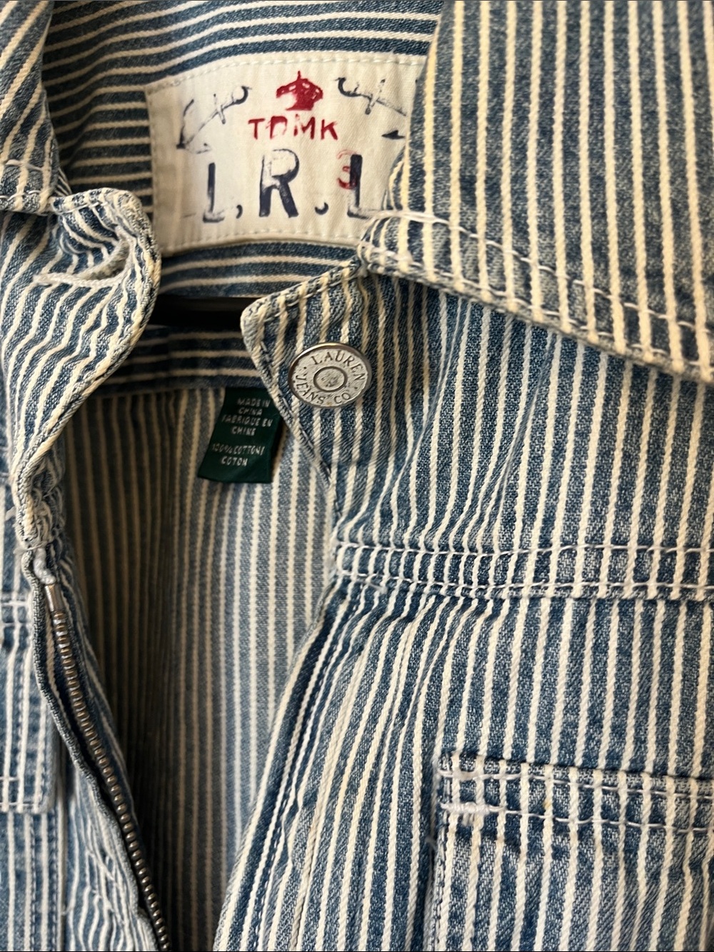 Women’s Medium Lauren Ralph Lauren Blue and White Striped Cotton Jean Jacket